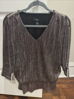 MSK Metallic Pleated V-Neck Blouse - Silver